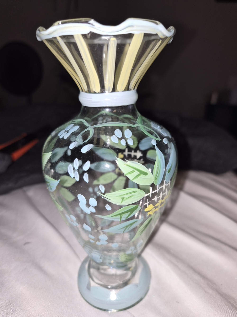 Vintage Tracy Porter Hand Painted Glass Floral Bud Vase with Ruffled Rim